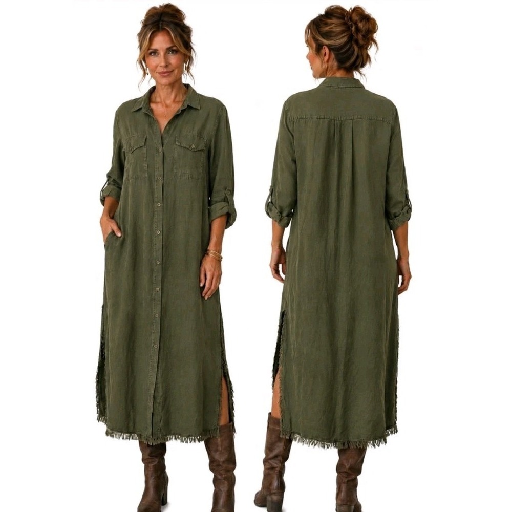 Maxi Button Down Shirt Dress Olive Green Slitted Distressed Grunge Fall Size XS